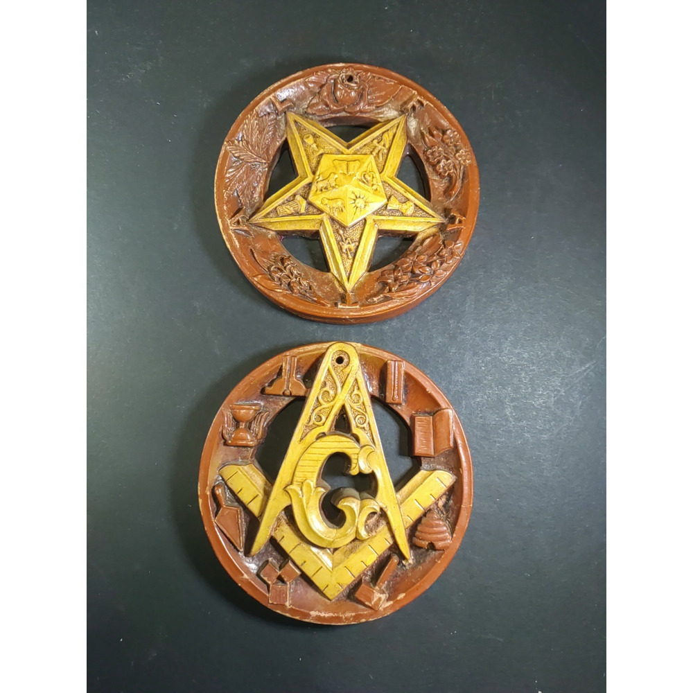 Vintage Masonic Symbols Chalk Plaques Freemason Brown Tan